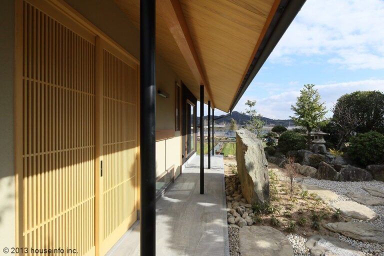 軒の深い縁側。柱の間から庭の石と刈込みが見える